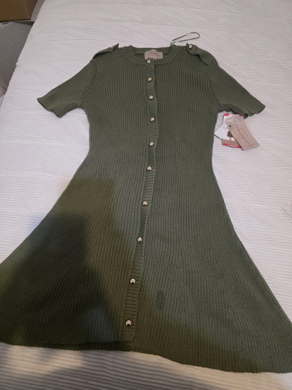 French Connection Olive Green Ribbed Button-Front Knit Dress